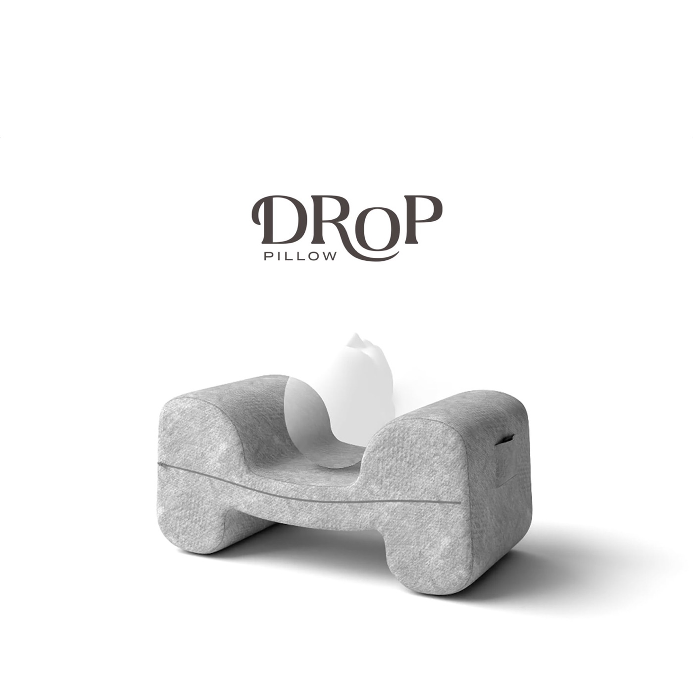 The Drop Pillow photographed on white with the Drop Pillow wordmark above it